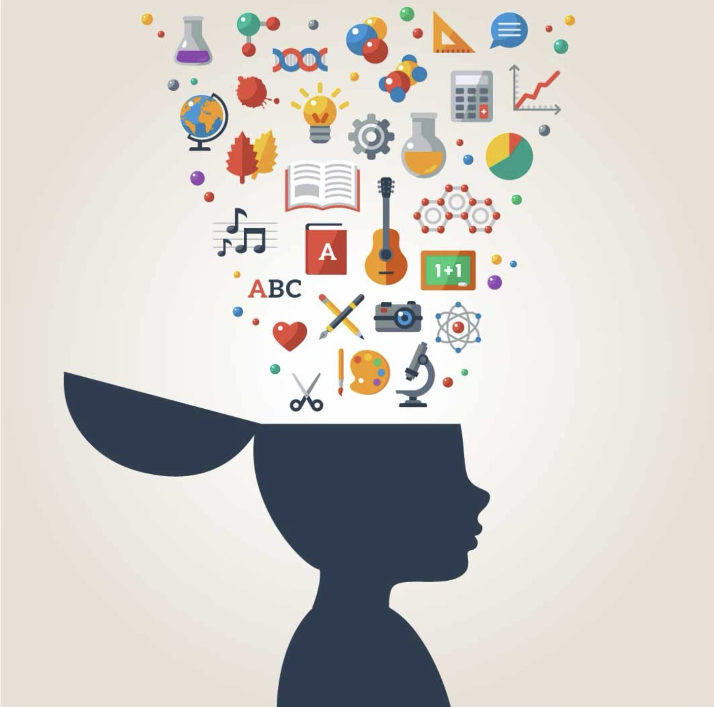 Original illustration of a child’s profile filled with symbols of science, art, music and other abilities